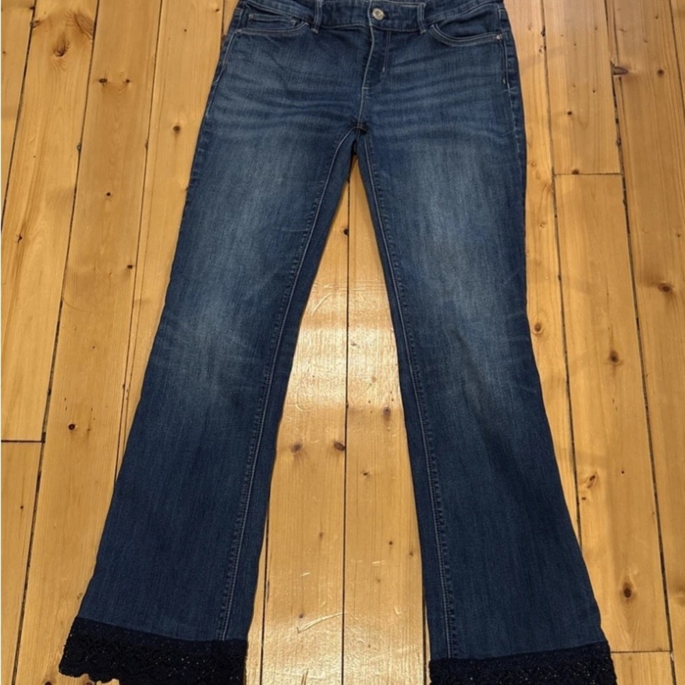 White House Black Market Indigo Flare Jeans with Lace Trim